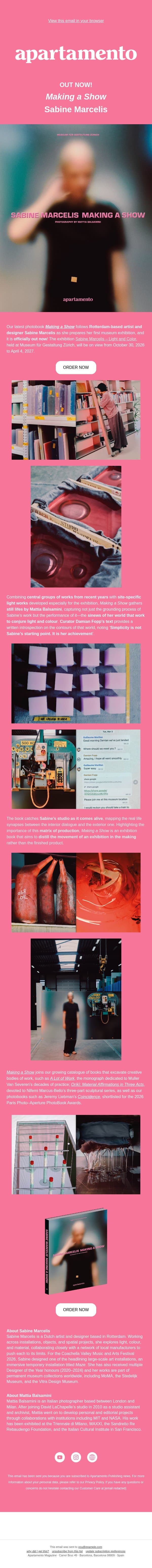 π OUT NOW: Making a Show by Sabine Marcelis email from Apartamentomagazine screenshot