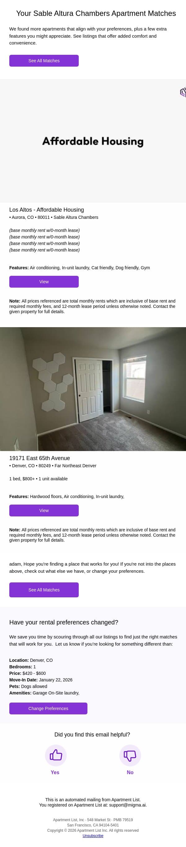 Explore this Sable Altura Chambers home stretching your preferences email from Apartment List screenshot