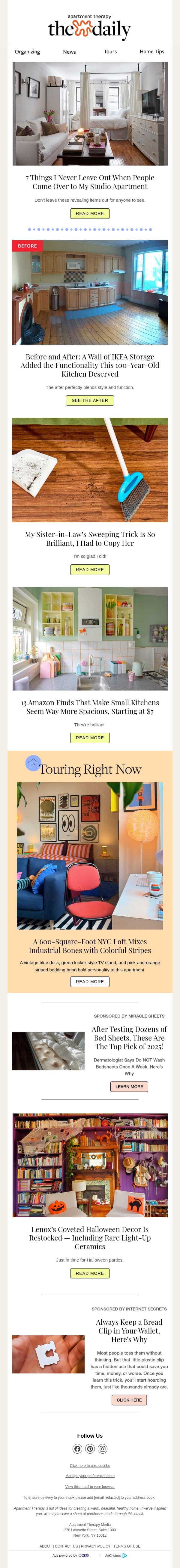 7 Things I Never Leave Out When People Come Over to My Studio Apartment email from Apartment Therapy screenshot