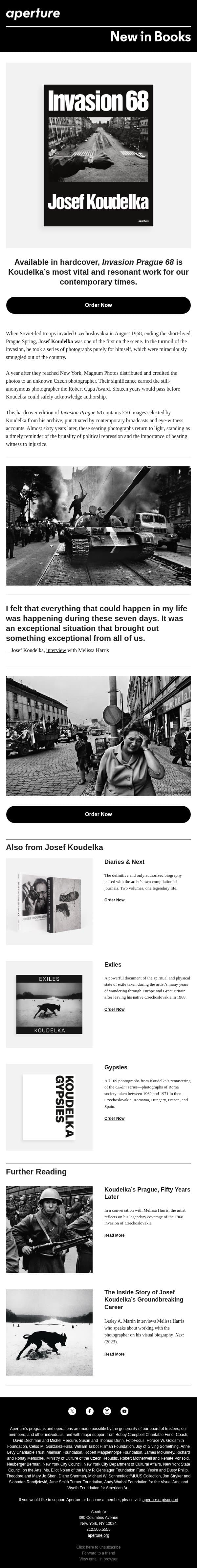 New in Books | Josef Koudelka: Invasion Prague 68 email from Aperture screenshot