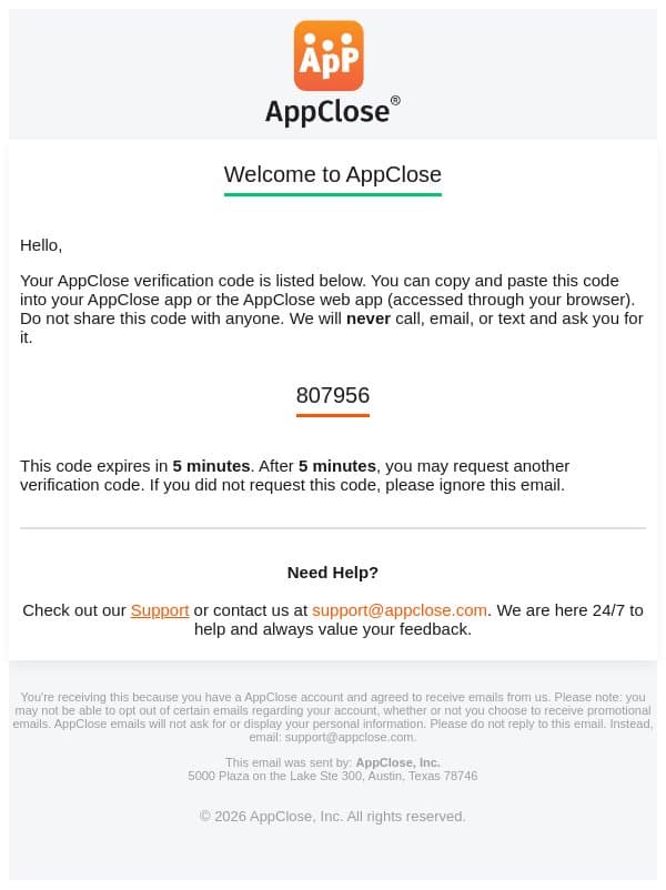 Welcome to AppClose email from AppClose screenshot