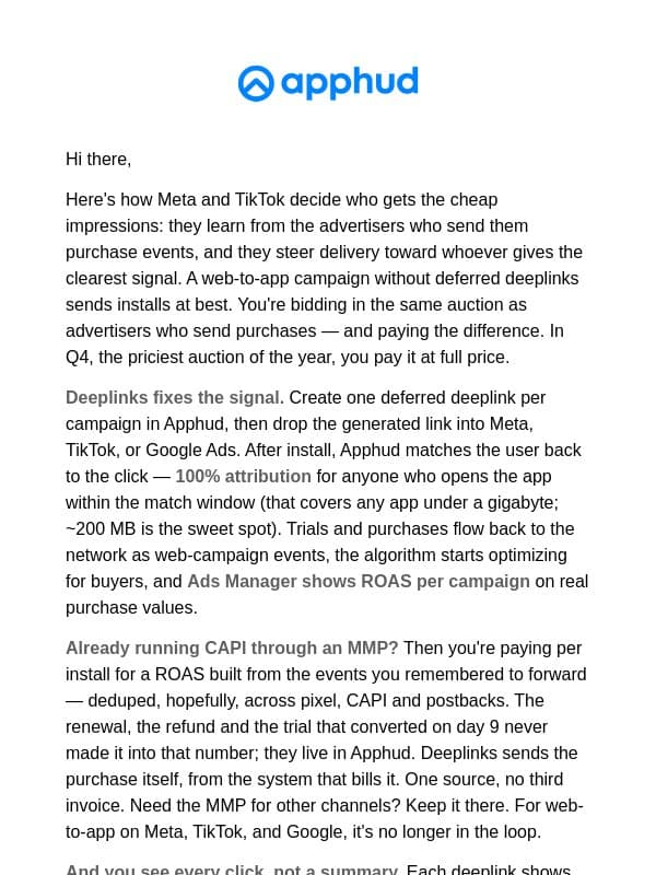 You pay an MMP to learn your ROAS. Apphud Deeplinks cuts that bill email from Apphud