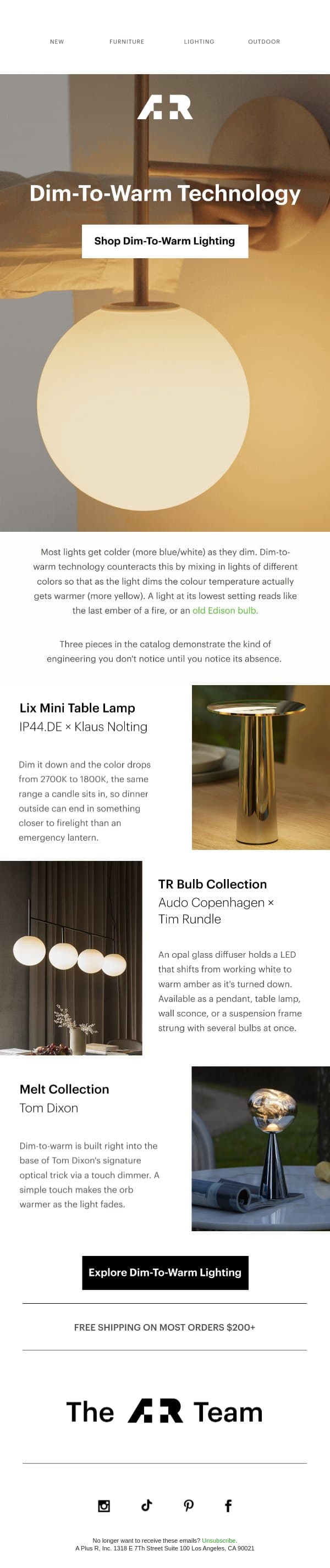 Dim-To-Warm email from A+R Store screenshot