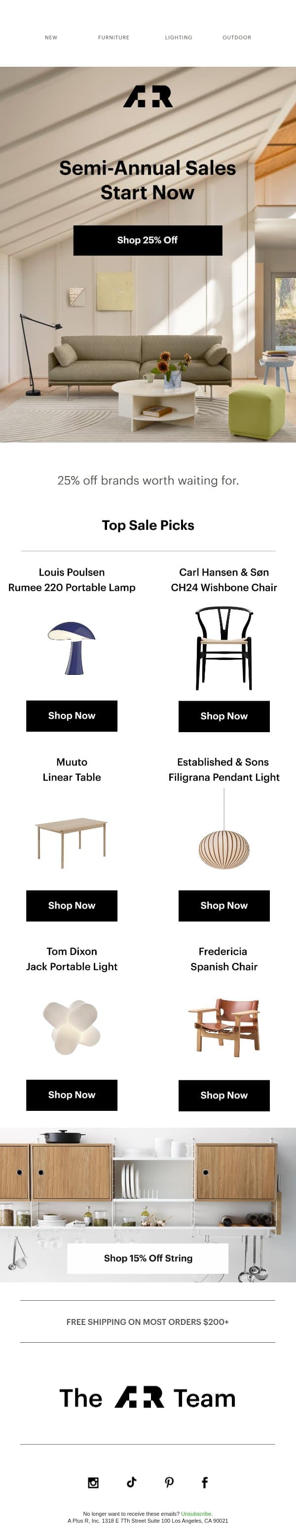 Semi-Annual Sales Start Now email from A+R Store screenshot