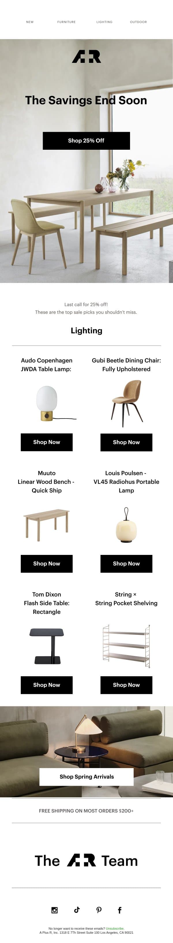 Last call for 25% off A + R email from A+R Store screenshot