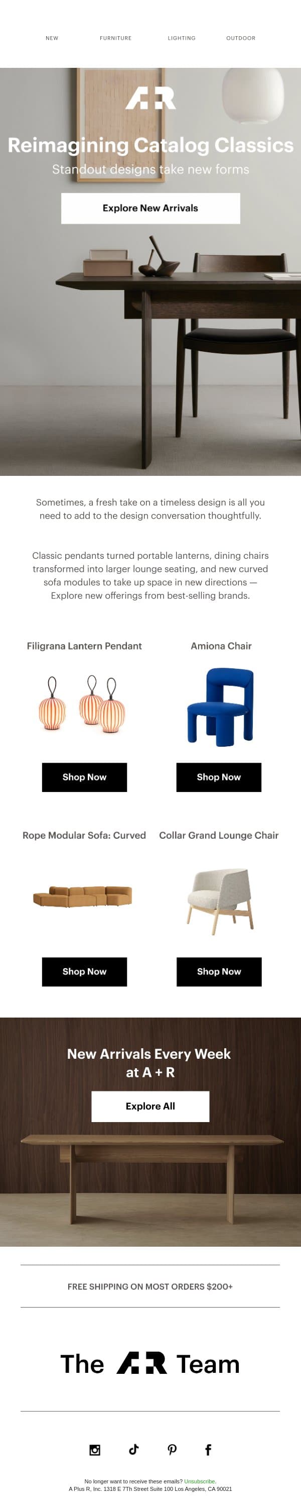 Reimagining Catalog Classics email from A+R Store screenshot
