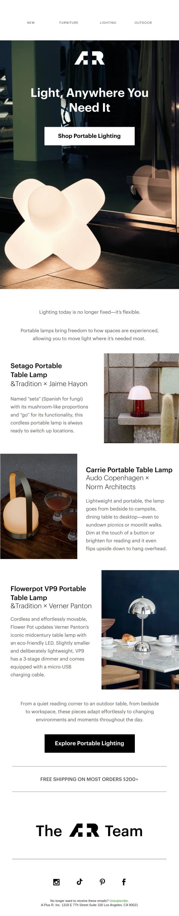 Light without limits email from A+R Store screenshot
