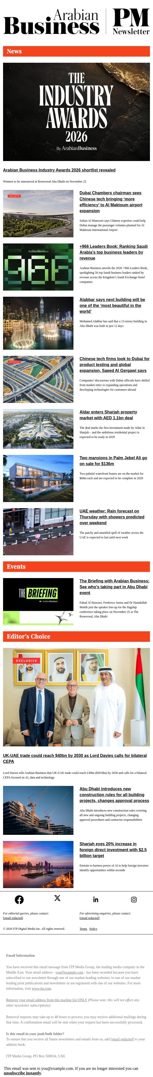 Arabian Business Industry Awards 2026 shortlist revealed email from Arabian Business screenshot