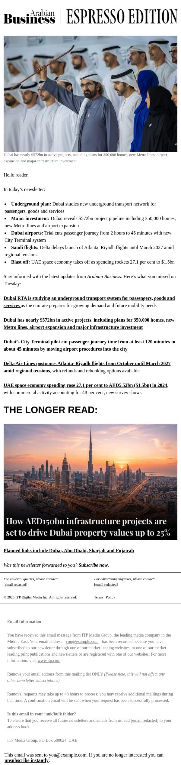 Could Dubai get a new underground transport network? email from Arabian Business screenshot