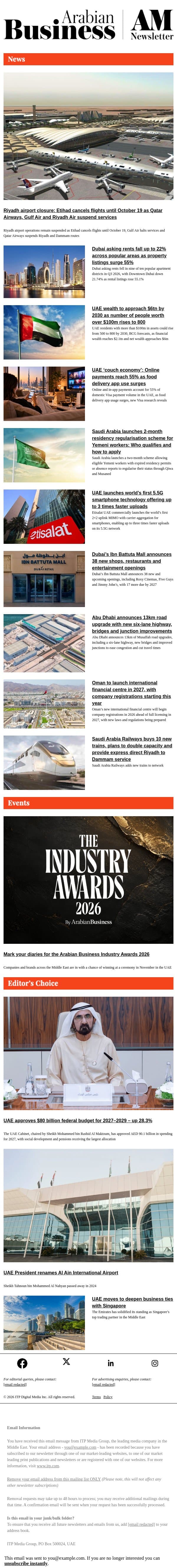 Riyadh airport closure, Dubai rents fall 22%, UAE $6tn wealth forecast, Saudi visa rules email from Arabian Business screenshot