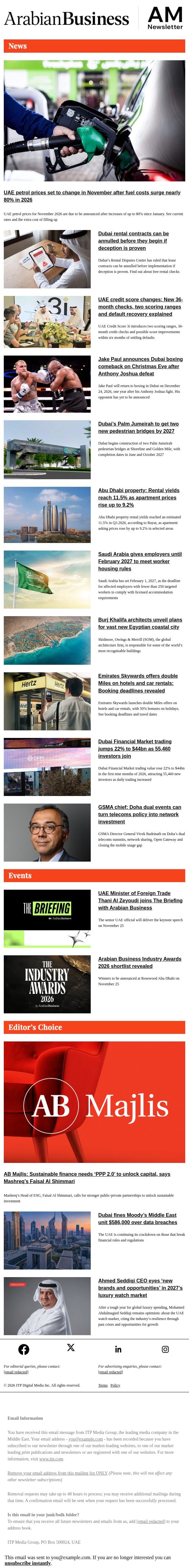 UAE petrol prices set to change in November email from Arabian Business screenshot