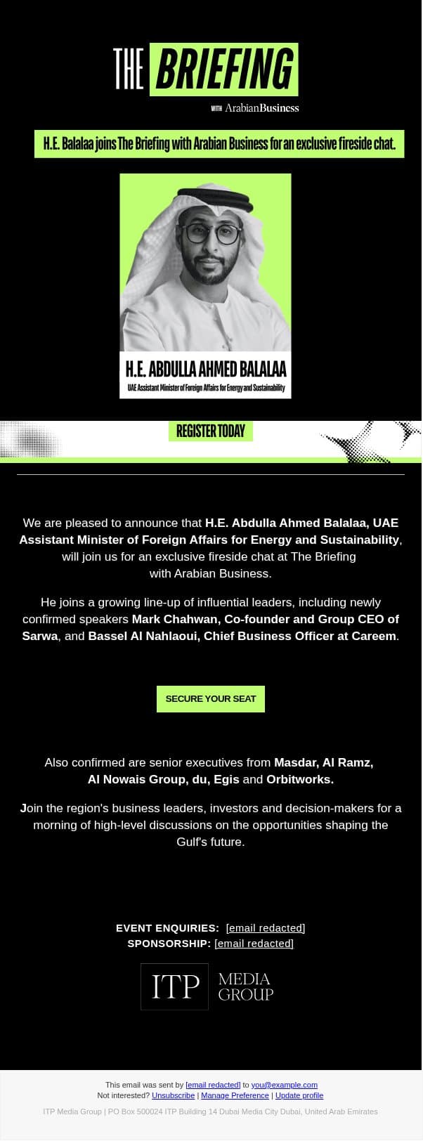 Speaker Announcement | H.E. Balalaa joins The Briefing with Arabian Business email from Arabian Business screenshot