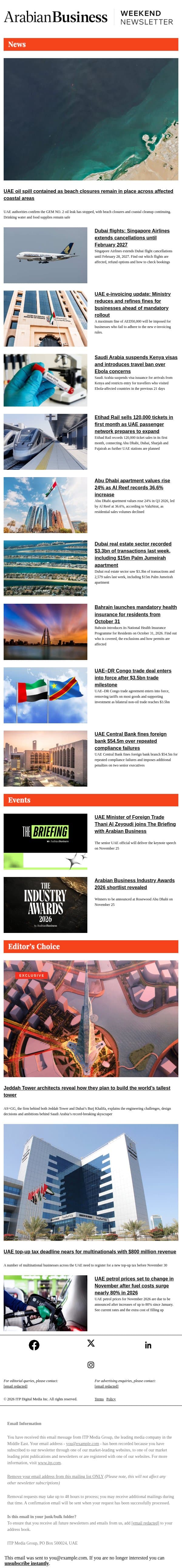 UAE oil spill, Dubai flights cancelled until 2027, new tax fines, Abu Dhabi property prices email from Arabian Business screenshot