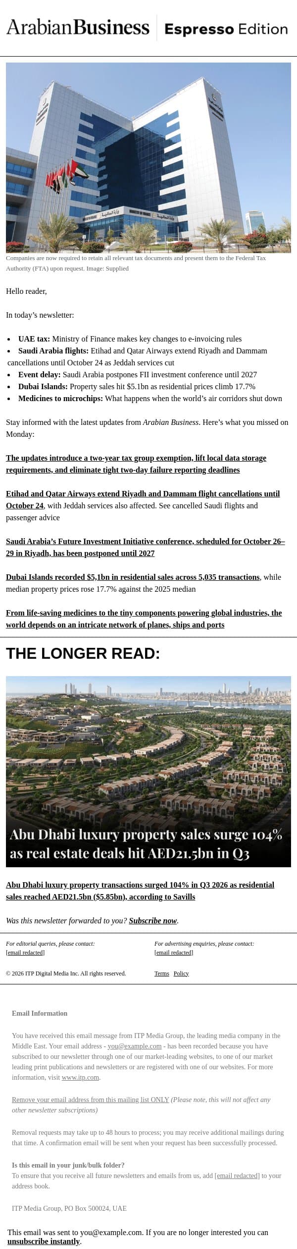 UAE makes key changes to e-invoicing rules email from Arabian Business screenshot