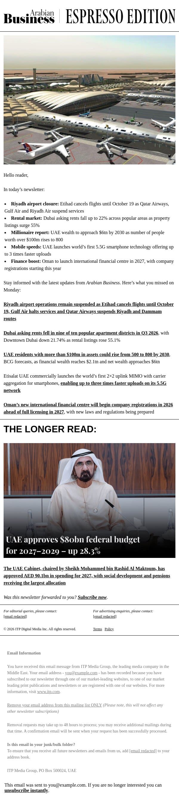 Riyadh airport closure: Latest flight cancellations and updates email from Arabian Business screenshot