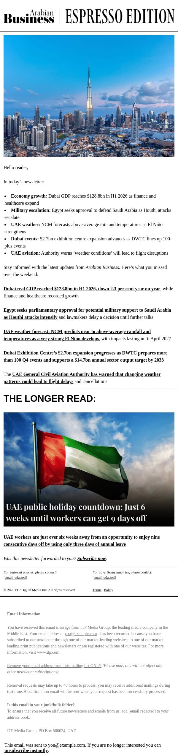 Dubai GDP reaches $128.8bn in H1 2026 as finance and healthcare expand email from Arabian Business screenshot