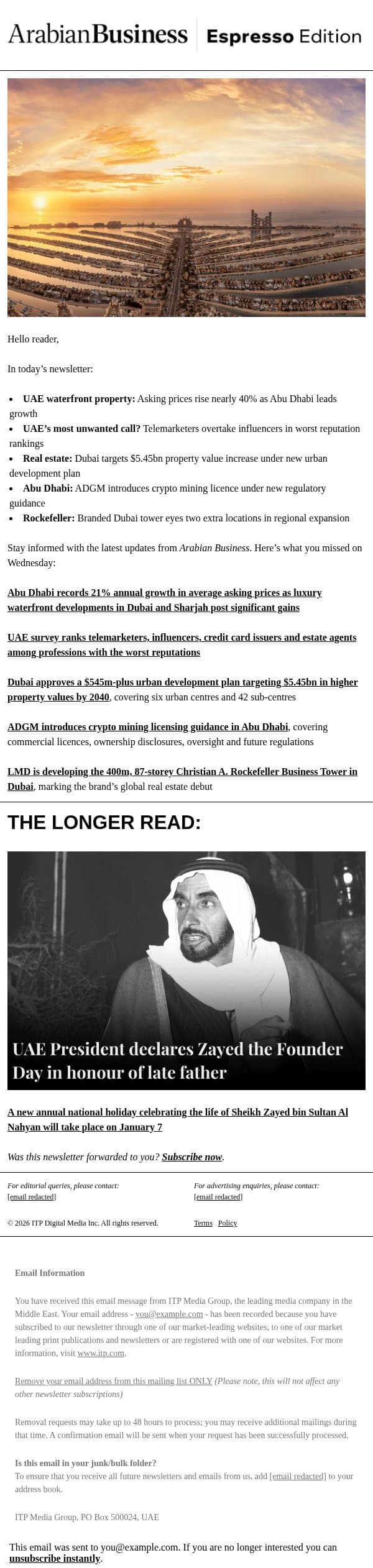UAE waterfront property asking prices rise nearly 40% as Abu Dhabi leads growth email from Arabian Business screenshot