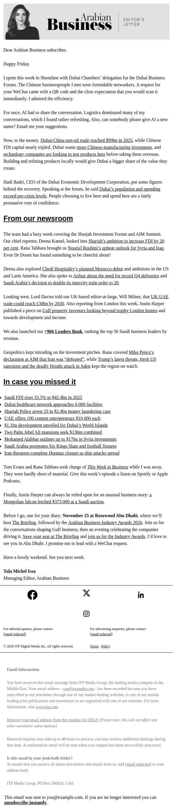 The view from Shenzhen email from Arabian Business screenshot