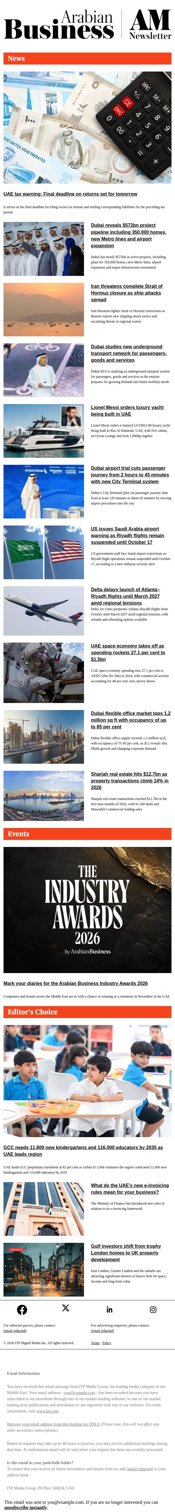 UAE tax return deadline looms this week email from Arabian Business screenshot