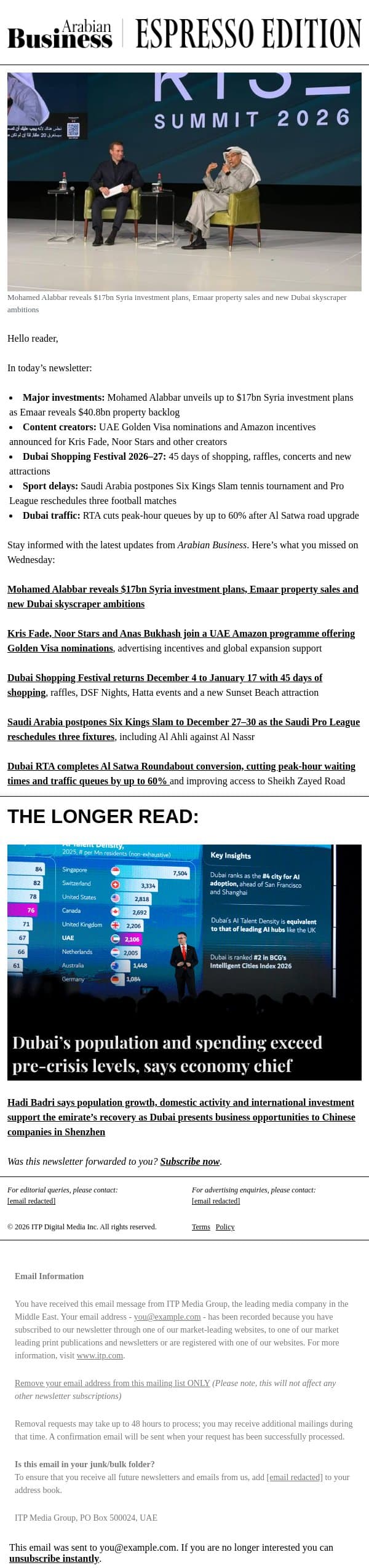 Mohamed Alabbar reveals up to $17bn in Syria investment plans email from Arabian Business screenshot