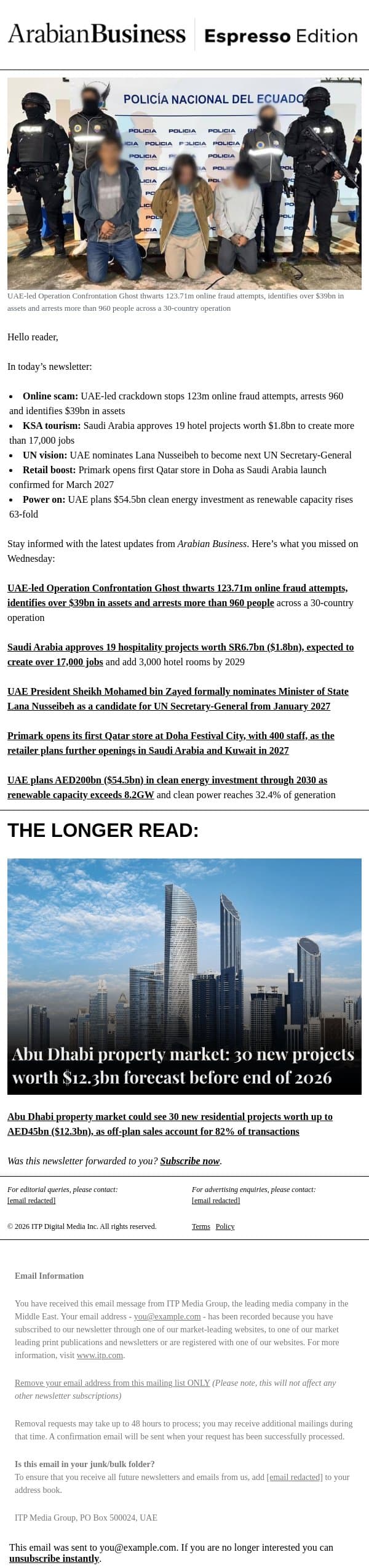 UAE stops 123m online fraud attempts as 960 arrested in $39bn crackdown email from Arabian Business screenshot