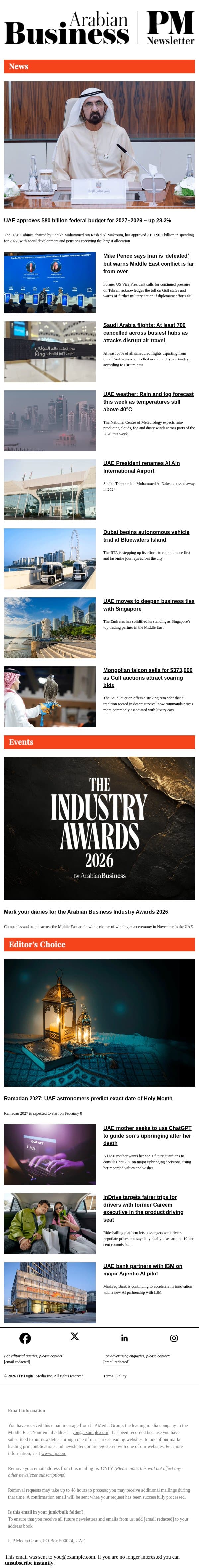 UAE approves $80 billion federal budget for 2027–2029 email from Arabian Business screenshot