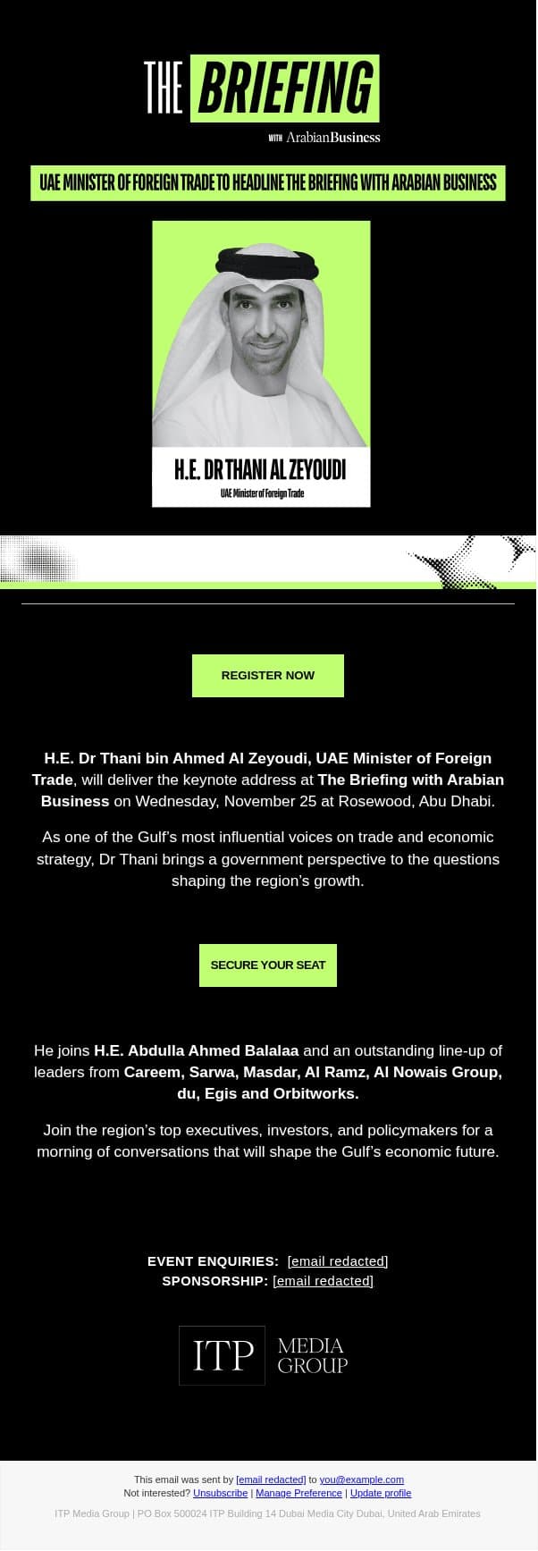 Speaker Announcement | UAE Minister of Foreign Trade to headline The Briefing with Arabian Business email from Arabian Business screenshot