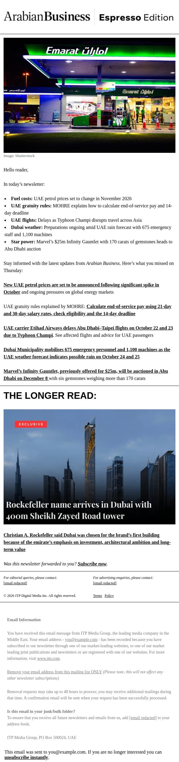 UAE petrol prices set to change in November 2026 email from Arabian Business screenshot