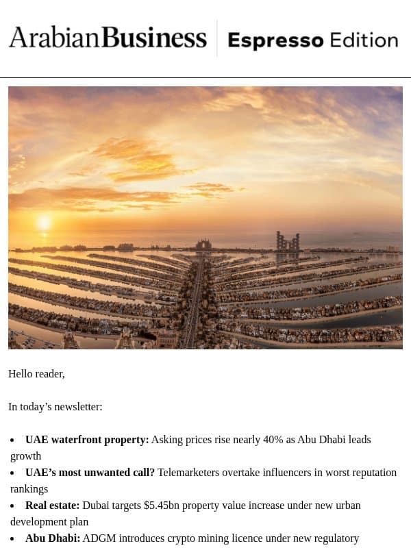 UAE waterfront property asking prices rise nearly 40% as Abu Dhabi leads growth email from Arabian Business