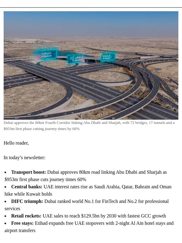 Dubai approves huge 80km road linking Abu Dhabi and Sharjah, journey times cut 60% email from Arabian Business