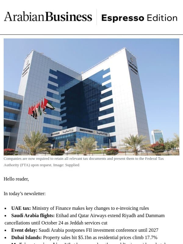 UAE makes key changes to e-invoicing rules email from Arabian Business
