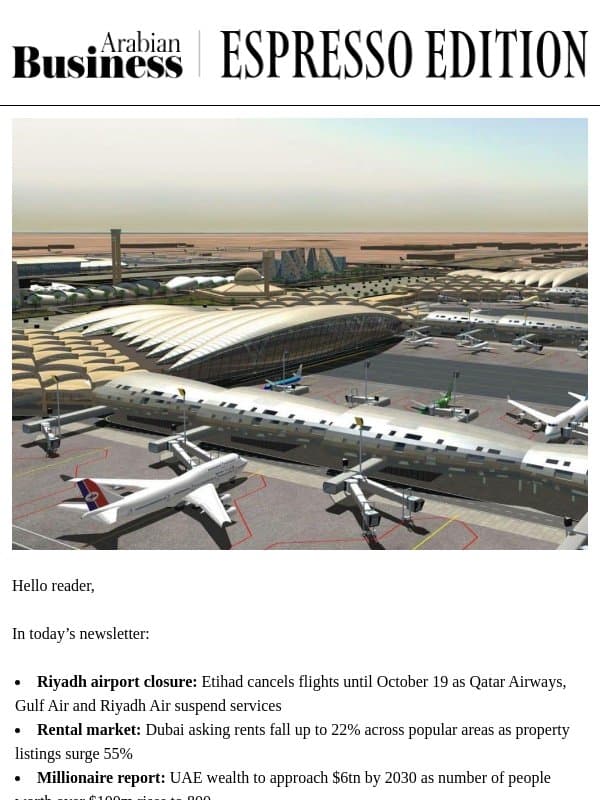 Riyadh airport closure: Latest flight cancellations and updates email from Arabian Business