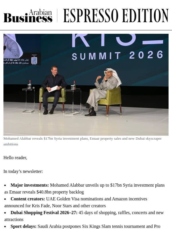 Mohamed Alabbar reveals up to $17bn in Syria investment plans email from Arabian Business