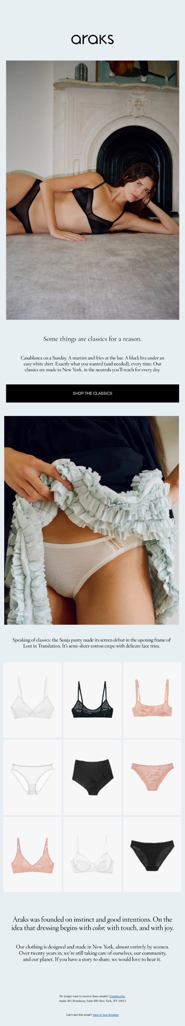 A black bra under an easy white shirt. email from Araks screenshot