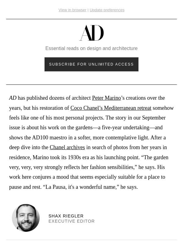 Inside Coco Chanel’s Restored Mediterranean Retreat email from Architectural Digest