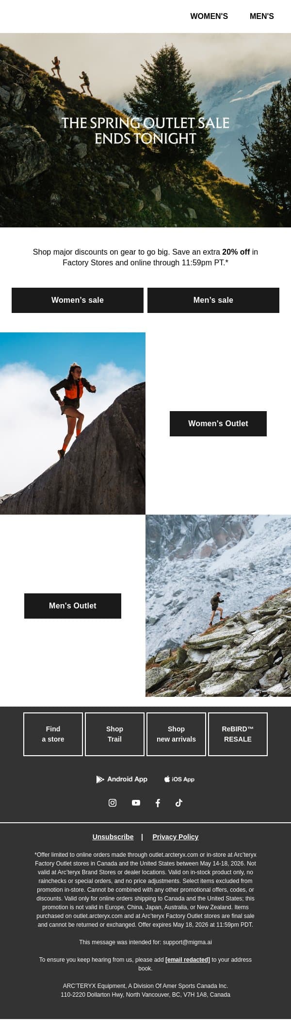 Final hours: Save an extra 20% email from Arc'teryx screenshot