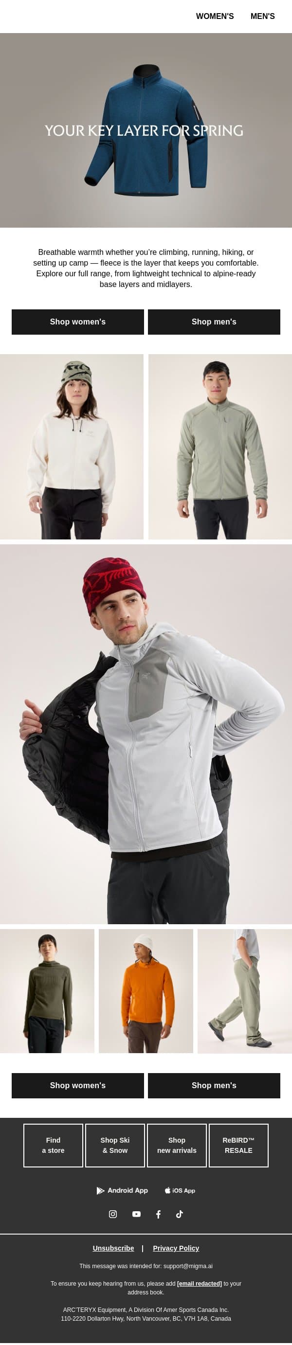Fleece for every spring mission email from Arc'teryx screenshot