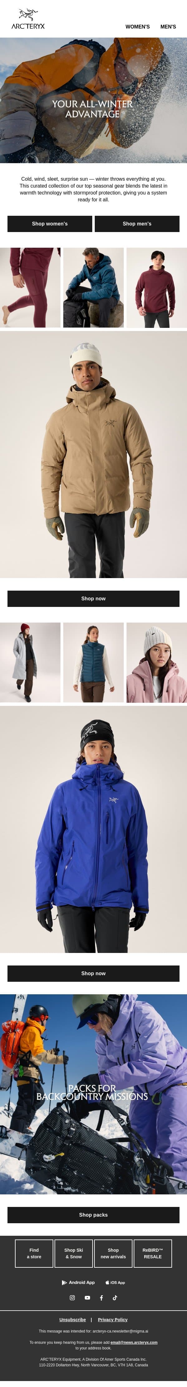 Build your ultimate cold-weather kit email from Arc'teryx screenshot