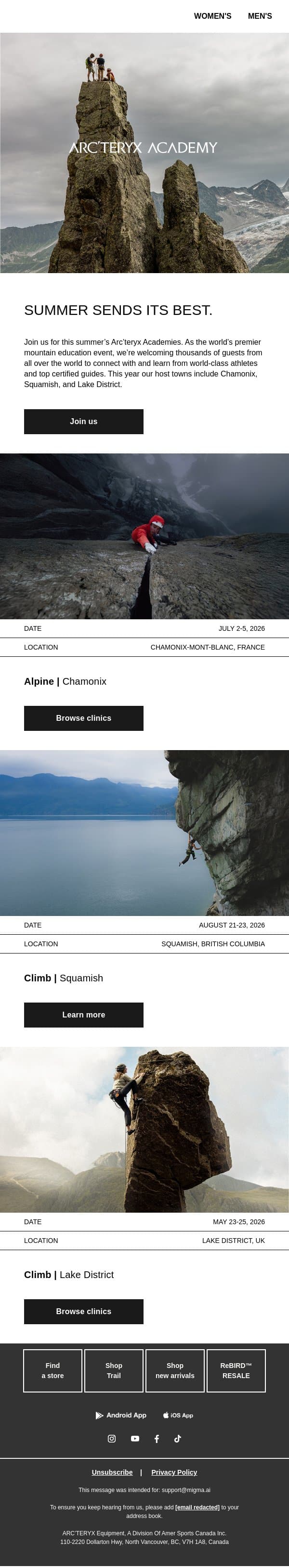 Peak experiences headed your way email from Arc'teryx screenshot
