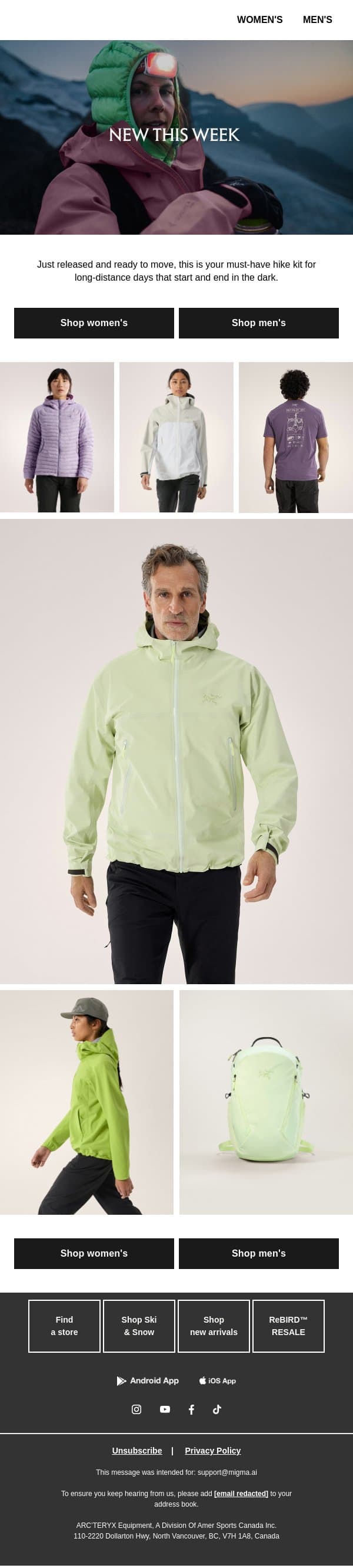 New this week: spring hike staples email from Arc'teryx screenshot