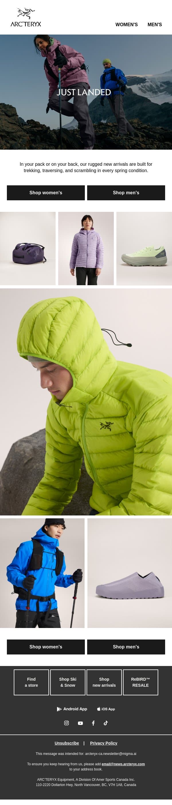 Fresh arrivals for technical trails email from Arc'teryx screenshot