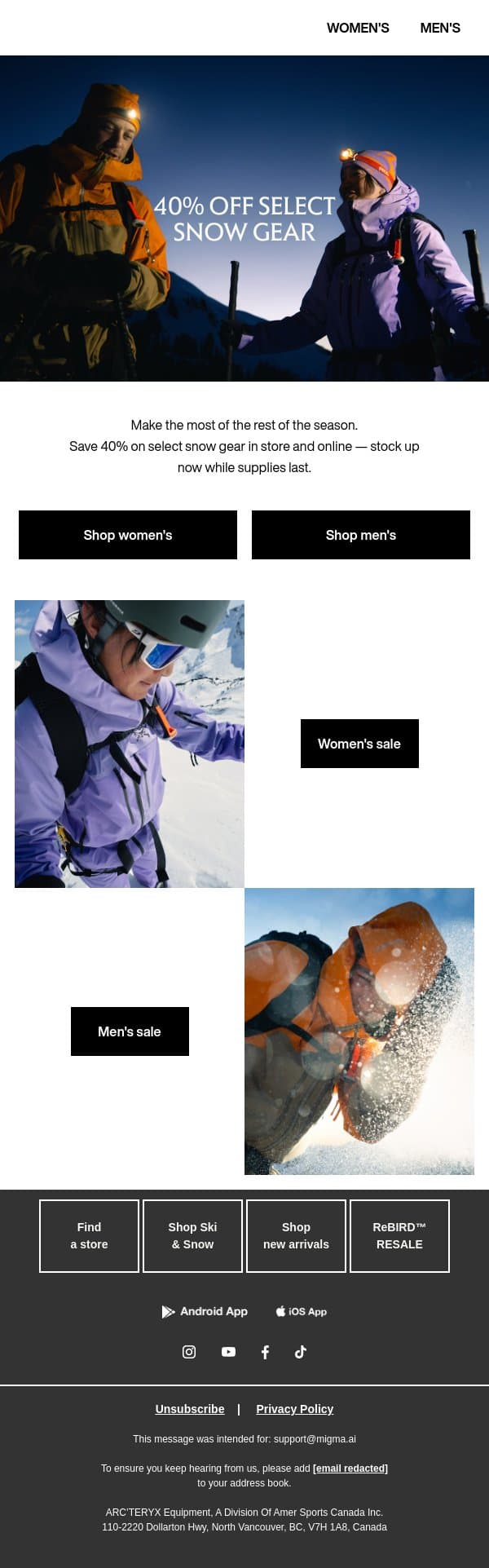 Save 40% on select snow gear email from Arc'teryx screenshot