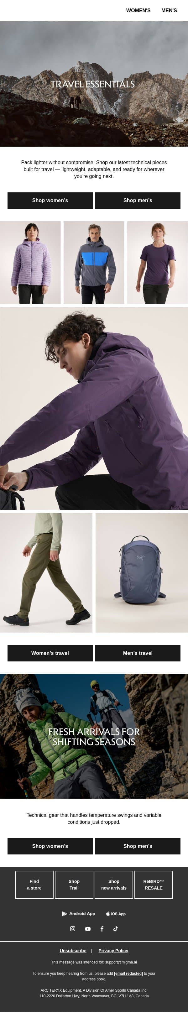 Travel essentials worth packing email from Arc'teryx screenshot
