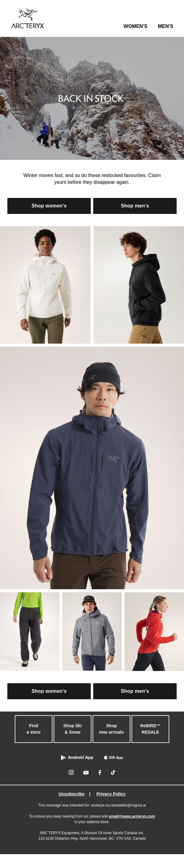 Your favourites have returned email from Arc'teryx screenshot