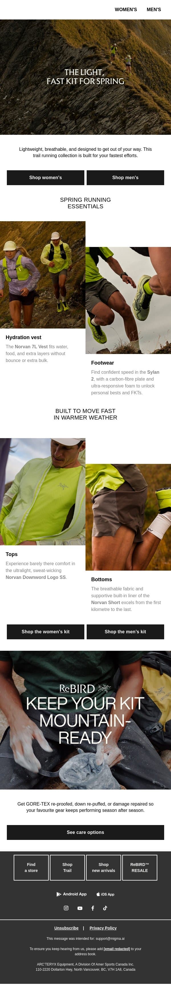 Level up your spring runs email from Arc'teryx screenshot