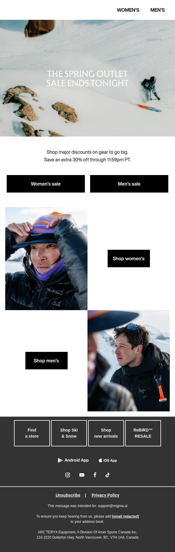 Final hours: save an extra 30% email from Arc'teryx screenshot