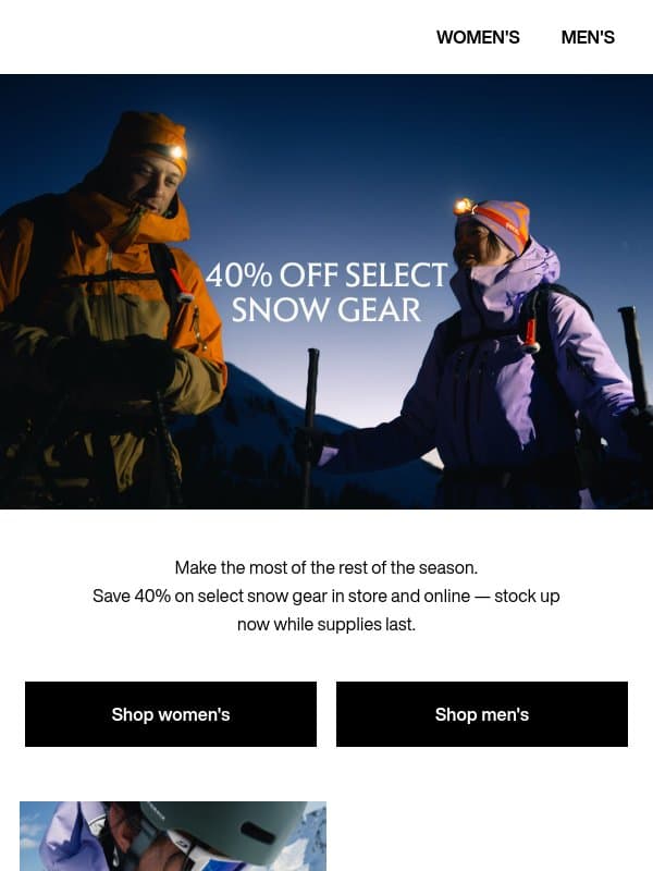 Save 40% on select snow gear email from Arc'teryx
