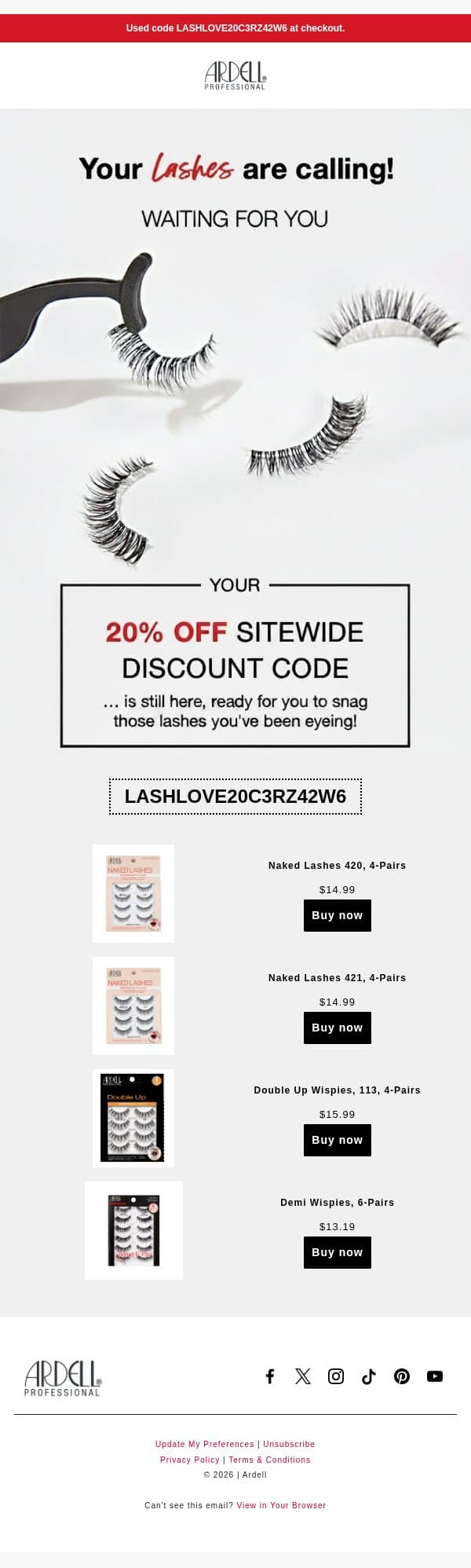 Your 20% is live 👁 email from Ardell screenshot