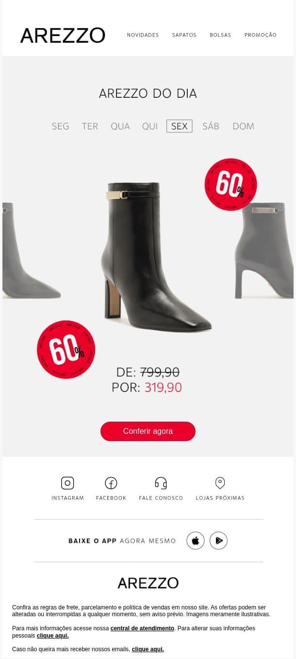 Só hoje: um ícone por um preço imperdível email from Arezzo screenshot