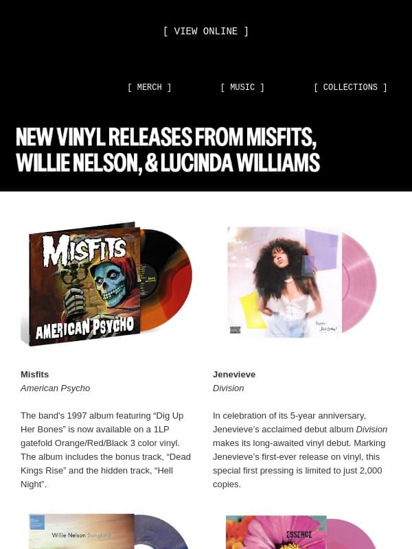 New vinyl from Misfits, Willie Nelson, and Lucinda Williams email from Ari Lennox